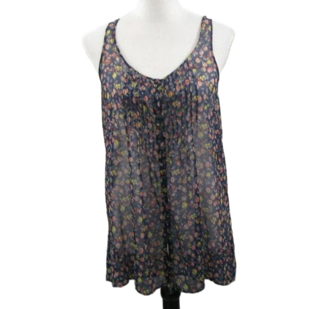 Aerie Floral Semi-Sheer Button Front Racer Back Tank Blouse Size Small
